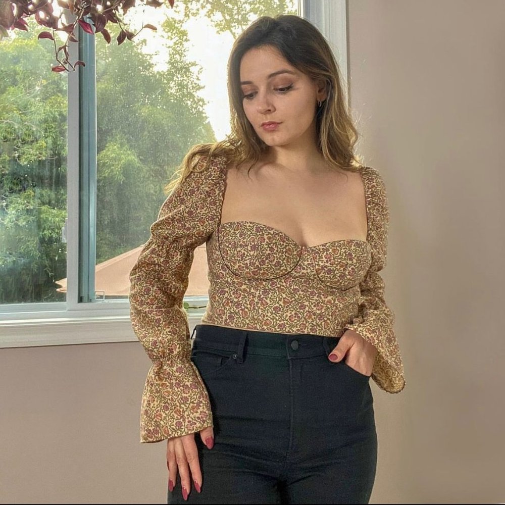 Floral Printed Puff Sleeve Bustier Crop